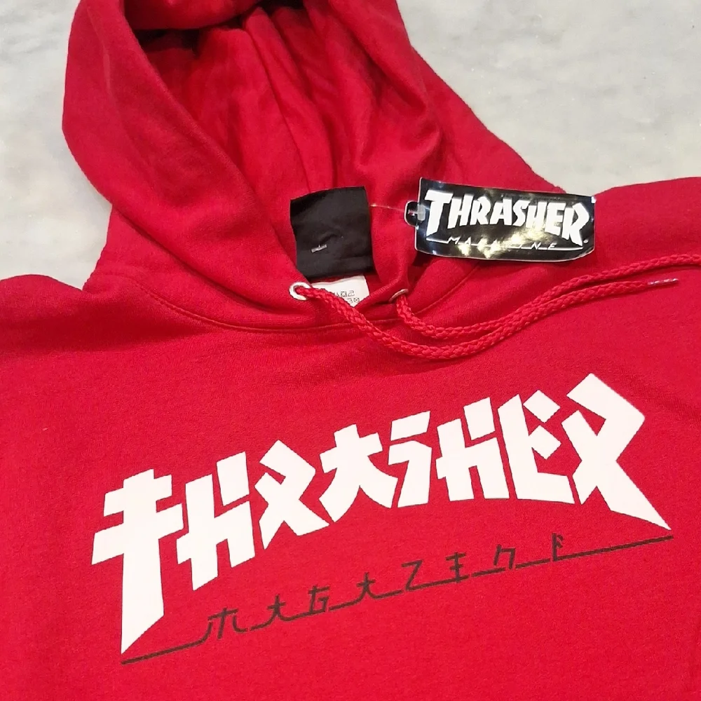 New Thrasher Godzilla‎ Bold Red Hoodie Sz Sm Skater Surfer Front Pocket Pullover